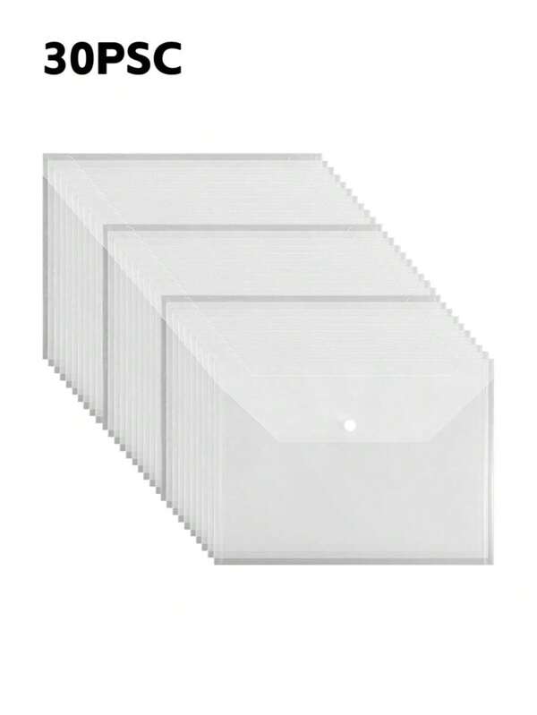 30 stuks A4-documententassen met drukknoopsluiting, plastic enveloppen, doorzichtige plastic poly-enveloppen en organizers, waterdichte transparante maptassen voor kantoor, thuis, school, kantoorbenodigdheden, terug naar school, schoolbenodigdheden