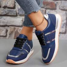 Tenis para mujer, diseño de color block ligero, punta redonda, suela antideslizante para uso diario
