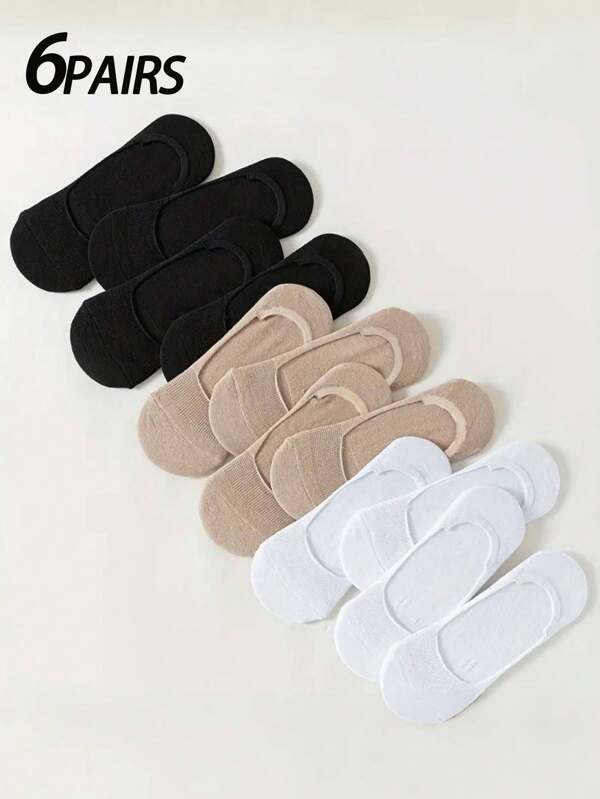 6 Pairs Women's Liner Socks, White, Skin Tone, Black, Minimalist Fashion Elegant Daily Versatile, Soft & Comfortable Moisture-Wicking, Suitable For Any Shoes, Back To School