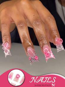 24pcs/Set Oval Shaped Nail Tips With Flower Rhinestones & Bow Designs, Suitable For All Ladies, Comfortable For Party, Festival And Daily Wear, Comes With Jelly Gel And Nail Files For Lasting Shine Press On Nails