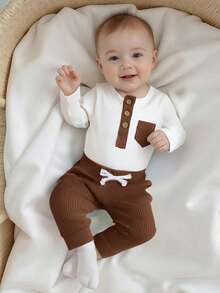 Baby Boy's Autumn 2-Piece Set - Ribbed Button Romper  Bow Detail Pants With Pockets - Khaki - View 7