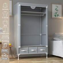 Portable Canvas Wardrobe, With 3 Drawers, Portable Wardrobe, Grey - Beige - View 4