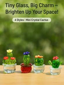 Set Of 4 Mini Glass Cactus Figurines – Crystal Succulent Plant Ornaments For Home, Office & Gift | Cute Handmade Desk Decor For Mother's Day, Graduation & Summer Vibes - Multicolor - View 1
