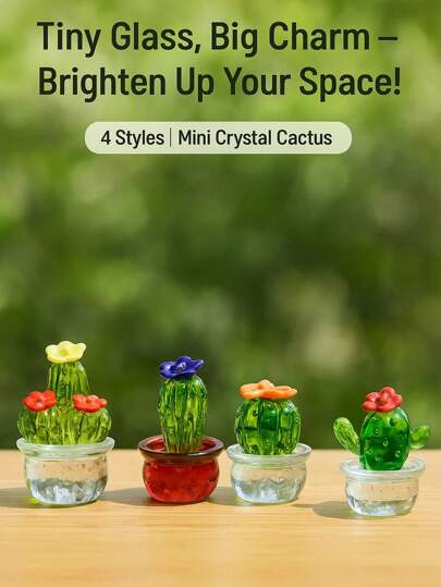 Set Of 4 Mini Glass Cactus Figurines – Crystal Succulent Plant Ornaments For Home, Office & Gift | Cute Handmade Desk Decor For Mother's Day, Graduation & Summer Vibes