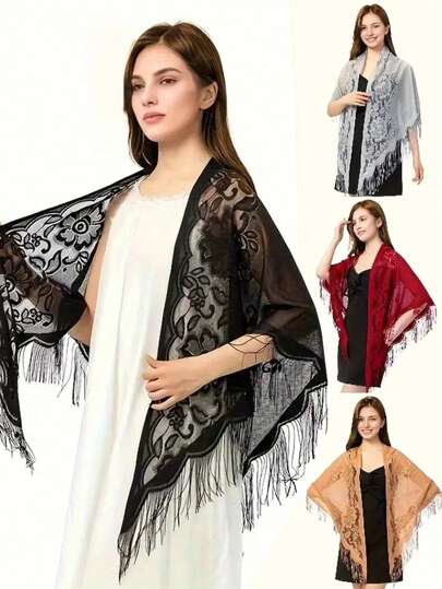 1 Pc Women Lace Hollow-Out Solid Color Scarf, Breathable Ditsy Floral Chiffon Tassel Triangle Headscarf, Necessary For Beach In Summer, Lightweight & Comfortable Veil For Outdoor, Walking, Shopping, Daily Wearing