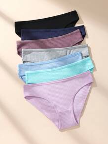 Paquete de 7 bragas de algodón acanalado de unicolor y talle bajo para mujeres, ropa interior cómoda, transpirable y elástica
