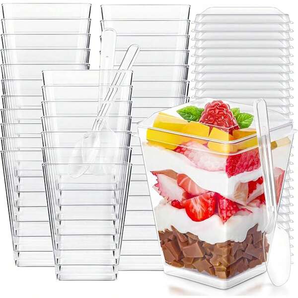 Set de 50/25/10 piezas de Tazas de plástico de 5oz con tapas para postres, tazas para yogurt/gelatina/aperitivos, mini tazas para pudin, frutas y helado, adecuado para celebraciones, bodas, decoración, viajes, etc., material escolar