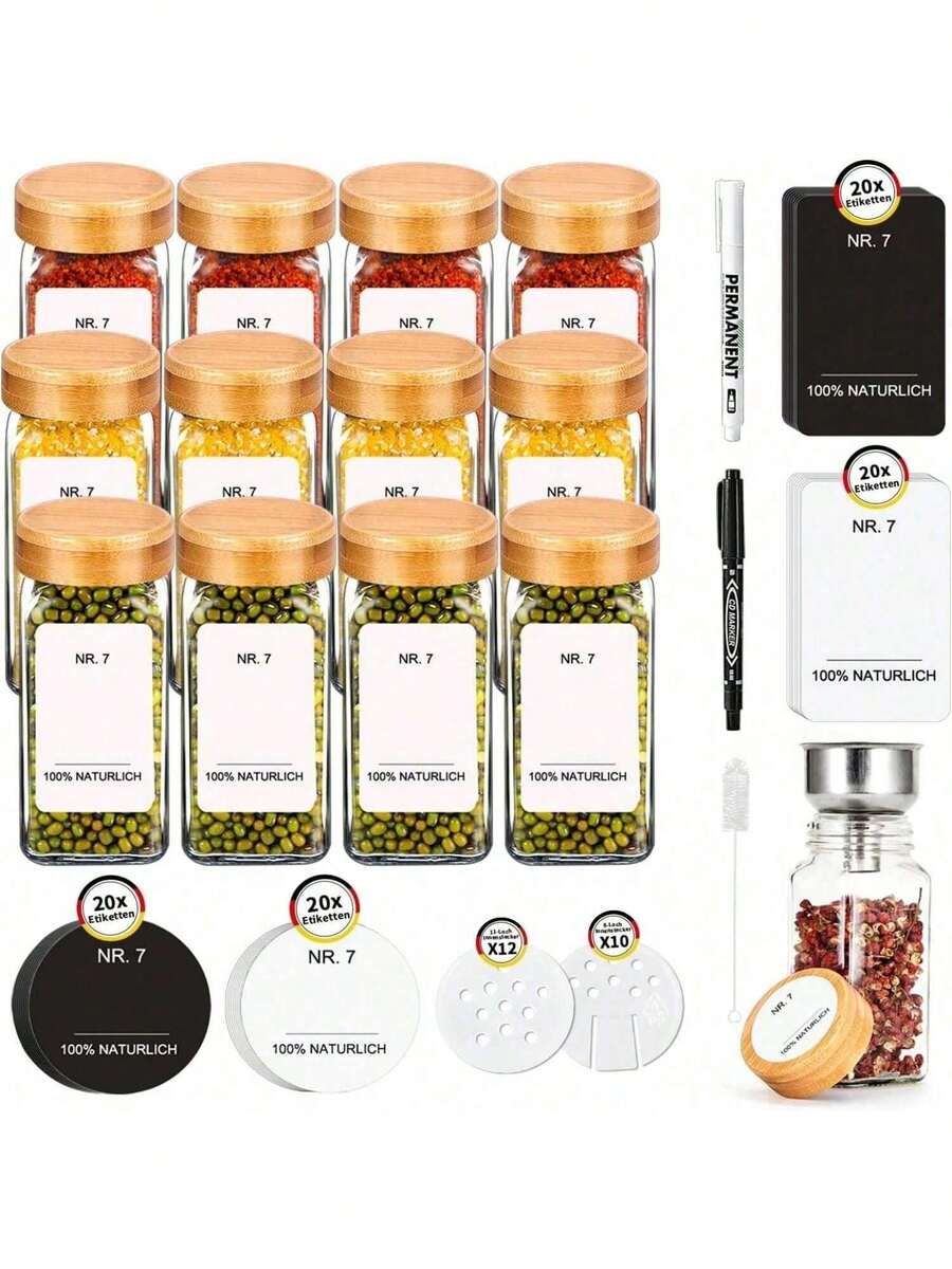 Square Spice Jars Set [12/24/35 Pieces] With Bamboo Lid, 120ml Spice Jars With Labels, Spice Shaker Spice Jars Spice Container With Funnel, Empty Stickers, Cleaning Brush, Sieve