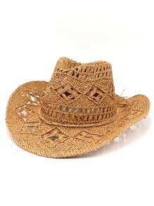 1pc Handmade Fashion Panama Straw Hat, Bohemian Beach Sun Hat, UV Protection Sun Cap, Casual Windproof Hat