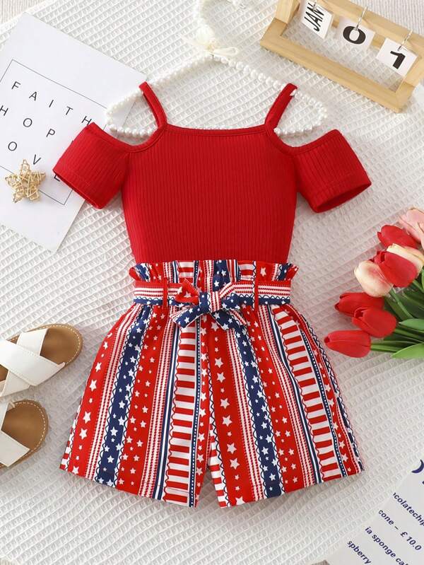 2pcs Set: Solid Color Spaghetti Strap Top And Star Striped Print Shorts With Belt For Girls, Casual Outdoor Summer Outfit - Patriotic Red & Blue Design, Comfortable & Fashionable Young Girl Clothing