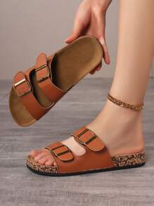 Cute Strap Soft Cork Sole Flip Flops, Two-Buckle Design Men/Women Beach Sandals, Wide Version Plus Size