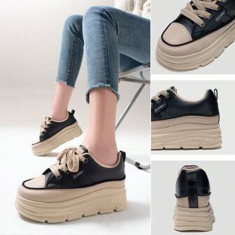 Girls' Casual Shoes With Thickened Sole For Increasing Height, Wear-Resistant, Pu Leather Upper, Simple Style, Suitable For Autumn, All-Match