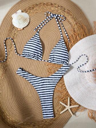 Traje de baño de mujer con diseño halter y nudo, estampado floral, bikini sin espalda para vacaciones de verano y playa de moda