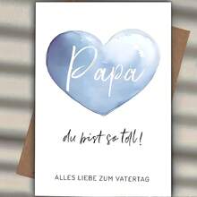 1pc Heartfelt Father's Day Greeting Card With Envelope – Blue Watercolor Heart Design, German Edition For Dad, Stepfather, Or Adoptive Father, 12cm X 17cm, Perfect For Celebrating Father-Youngsters Bond, Fathers Day Gift