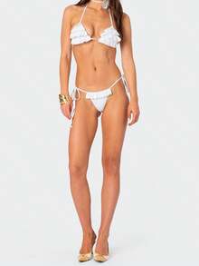 Women Triangle Halter Thong Bikini Set Layered Ruffled Halter Neck Tie Side Thong Swimsuits String Two Piece Bathing Swimwear - White - View 3