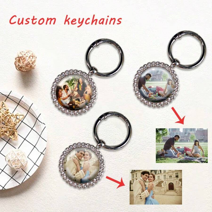 Customized Round Zinc Alloy Key Chain With Sparkling Diamond Style, Personalized Photo Gift, Birthday/Anniversary Gift, Available In Multiple Quantities - Silver - View 1