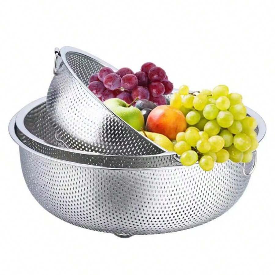 3pcs/Set Stainless Steel Sink Strainer Set With Compact Handles, Durable Kitchen Sink Drain Basket For Vegetables, Rice And Fruits, Essential Household Drainage Accessory - Silver - View 1