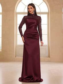YISIKADO Women's Elegant Luxury Mesh Sequin Turtleneck Long Sleeve Satin Detachable Cape Evening Gown - Burgundy - View 7