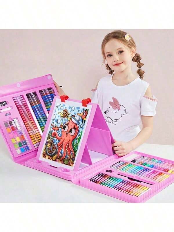 Set di pittura e arte per bambini da 208 pezzi, comprende pennarelli, pastelli a cera, gomme, temperamatite, tavolozza dei colori per ragazzi e ragazze, regalo per il ritorno a scuola/compleanno, forniture per campus (confezione e colori assortiti casualmente)