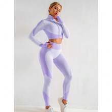 Conjunto de conformador de silueta con chaqueta casual cómoda con cremallera, leggings de cintura alta y sujetador, para uso al aire libre. Conjunto de chándal, conjunto de conformador de silueta para mujer para primavera y otoño. - Lila - Ver 1