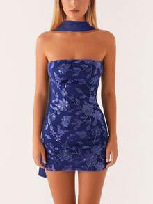 Womens Sequin Beaded Mini Dress With Scarf Y2k Strapless Sparkle Short Dresses Summer Club Party Glitter Dress - 深色水洗藍 - 查看 2