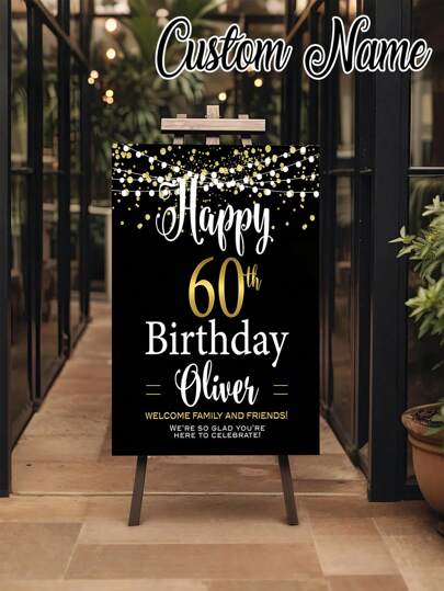 1 peça - Pôster personalizado de Feliz Aniversário, Placa de Fundo de Feliz Aniversário com Nome Personalizado, Design de Cordão Brilhante em Estilo Ouro Preto, Impressão de Pôster Personalizado sem Moldura, Decoração de Festa Requintada, Personalização de Alta Qualidade, Personalização, Presente Ideal Único, Adequado para Várias Ocasiões, Como Aniversários, Festas, Eventos e Formaturas, Fotografia e Exibição de Fundo Personalizadas e Exclusivas, Decoração de Festa Perfeita, Impressão Gráfica