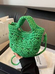 Bolso de playa de ganchillo de verano para mujer, bolso de playa pequeño, ligero, minibolso de hombro, bandolera, estilo preppy, bolso de cubo de hombro de mujer de algodón tejido hueco, bolso bandolera con estilo, para playa, vacaciones, verano, playa, vacaciones, bolsa de viaje