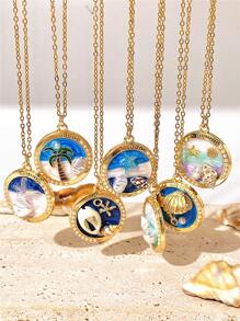 1pc Vintage Luxury Beach Shell & Faux Pearl Oil Drop Pendant Necklace For Women