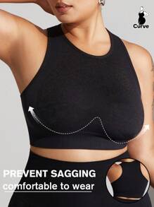 1pc Plus Size Women Seamless Supportive Sports Bra, Black Wireless Bra Padded, Suitable For Yoga, Fitness, Running, Gym