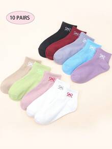 5/6/10 Pairs White Bow Decorated Low Vamp Cute & Breathable Short Socks For Women, Japanese Style - Multicolor - View 1