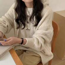 Womens Autumn Winter Knitted Tops Vintage Harajuku Solid Sweater Casual Loose Hooded Pullover, Women Knit Sweater,  Fashionable & Simple Pullover Design,Long Sleeve Tops