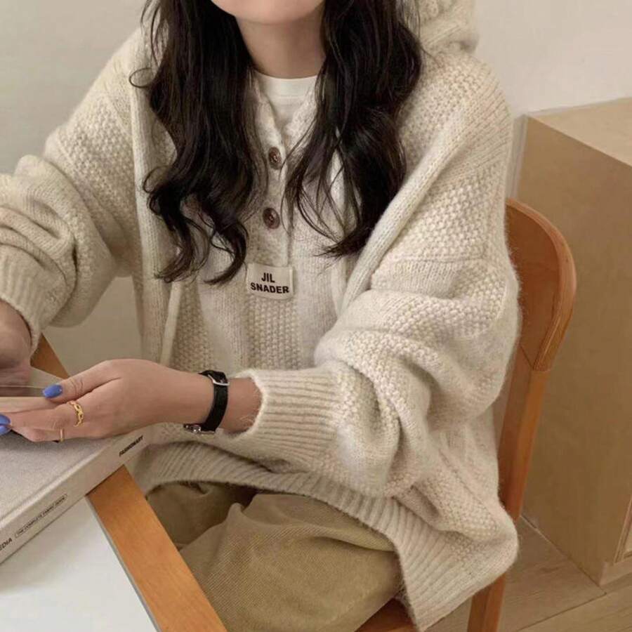 Womens Autumn Winter Knitted Tops Vintage Harajuku Solid Sweater Casual Loose Hooded Pullover, Women Knit Sweater,  Fashionable & Simple Pullover Design,Long Sleeve Tops