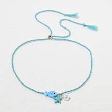 Colar com pingente de peixe de cerâmica boêmio colorido para mulheres, gargantilha ajustável de corda multicolorida, perfeita para férias de verão na praia e festivais de música, joias de férias estilo boêmio ajustável