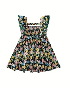 Girls' Mid-Length Dress With Ruffle Sleeves & Back Cutout - Soft, Breezy Summer Style Suitable For Parties & Casual Wear, Yellow & Blue Floral Print, A-Line Silhouette, Hand Wash Only - Multicolor - View 7