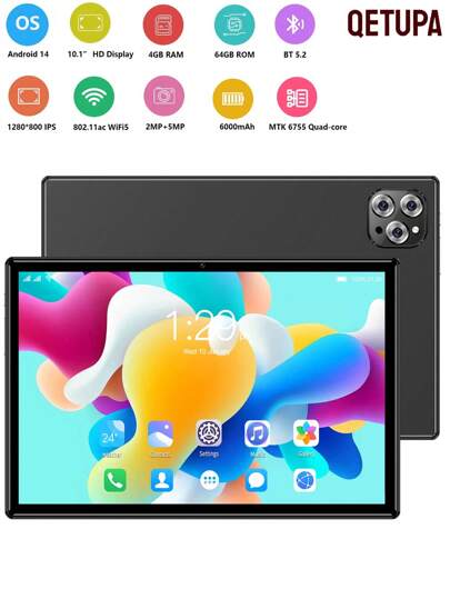 Qetupa M9-4 10.1" Android 14 Tablet,4GB RAM+64GB ROM,MTK 6755 Octa-Core 1.8GHZ Processor,HD(1280x800) IPS Touch Screen,BT 5.2&802.11ac WiFi5,GPS,2MP Front Camera&5MP Rear Camera,6000mAh Large Battery,No Support SIM Car,The Best Profits For Christmas, Halloween, Birthdays And Weddings