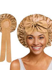 Stretchy Ribbon Solid Color Sleeping Cap, Wide-Brim Headscarf Hat With Bow - Black - View 10