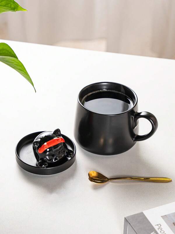 1pc 450ML Ceramic Cute Cat Design Mug With Lid, Large Capacity Drinkware Cup For Home Office, Personalized Handle Coffee Mug, Couple Cup