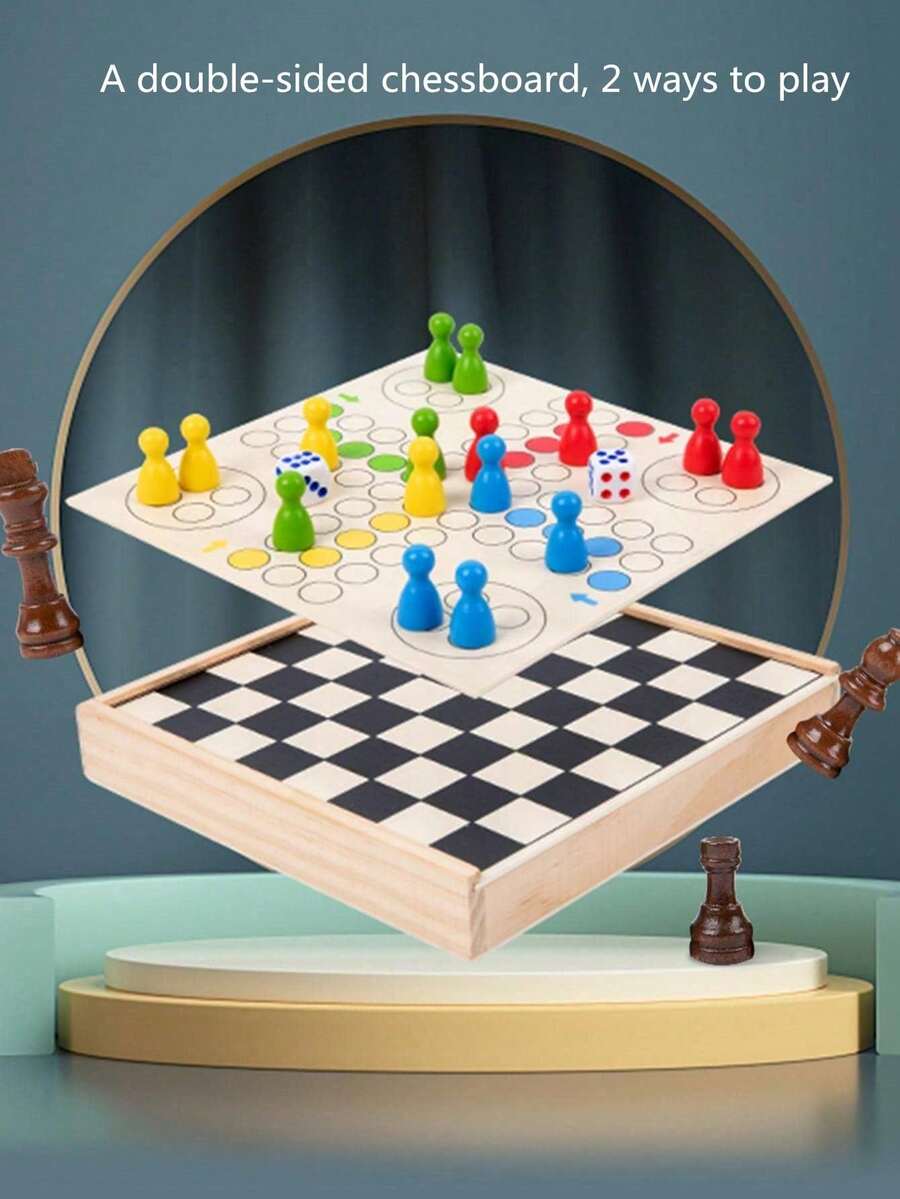 儿童趣味棋盘游戏木制飞行棋二合一智力游戏玩具亲子互动游戏思维训练棋盘游戏 - 彩色 - 查看 1