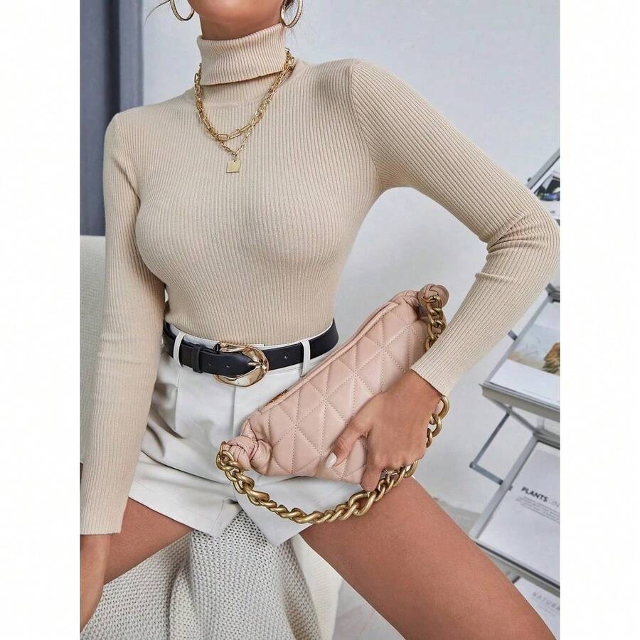 Women's Knitted Blouse High Neck Cacharrel Basic Wool Sweat Fashion Shipping!!! - Màu be - Xem 1