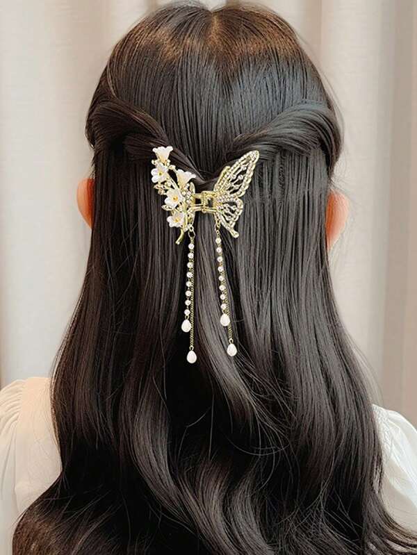 2 Peças Presilhas de Cabelo com Borla de Pérola em Formato de Borboleta Oca (Comprimento da Borla Aleatório), Acessórios de Cabelo Versáteis e da Moda, Adequados para Uso Diário
