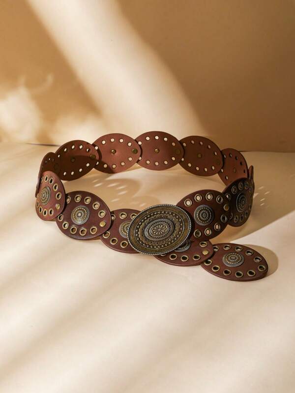 1 pieza Cinturón de talla grande con remaches y decoración de lunares, estilo bohemio casual, cinturón de mezclilla de PU casual, versátil para uso al aire libre, festivales, viajes, estilo occidental