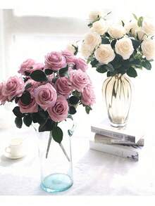 Bó hoa hồng lụa nhân tạo 10 bông, thích hợp trang trí nhà cửa, văn phòng, tiệc tùng và đám cưới - Màu be - Xem 5