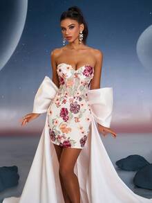 Anymoon 花卉贴花女式正式晚礼服，带蝴蝶结装饰，拖尾鸡尾酒会礼服，派对礼服，婚礼宾客礼服