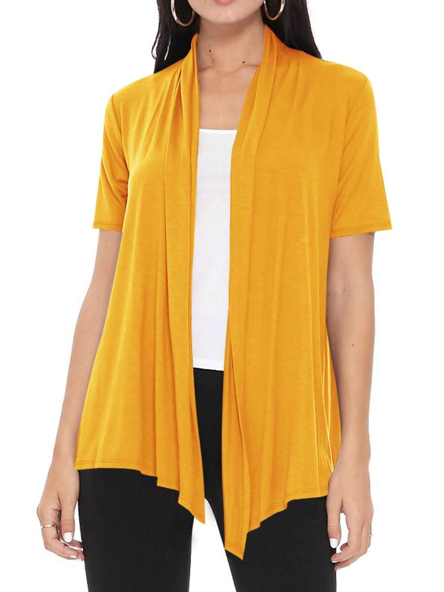 Casual Solid Short Sleeve Open Front Draped Cardigan For Office & Everyday Wear - Mustard Yellow - View 1