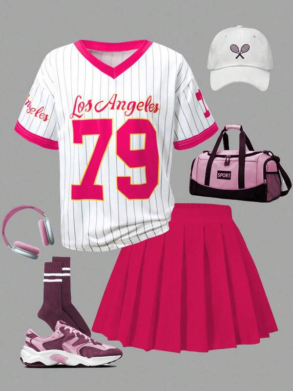 Girls' 2 Pieces Casual And Fashionable Sports Set, Featuring A Small V-Neck Sports Digital Striped Printed Top Paired With A White Pleated Skirt Set, Suitable For Children And Girls To Wear In Summer Daily, Outdoor, Campus, And Party Occasions