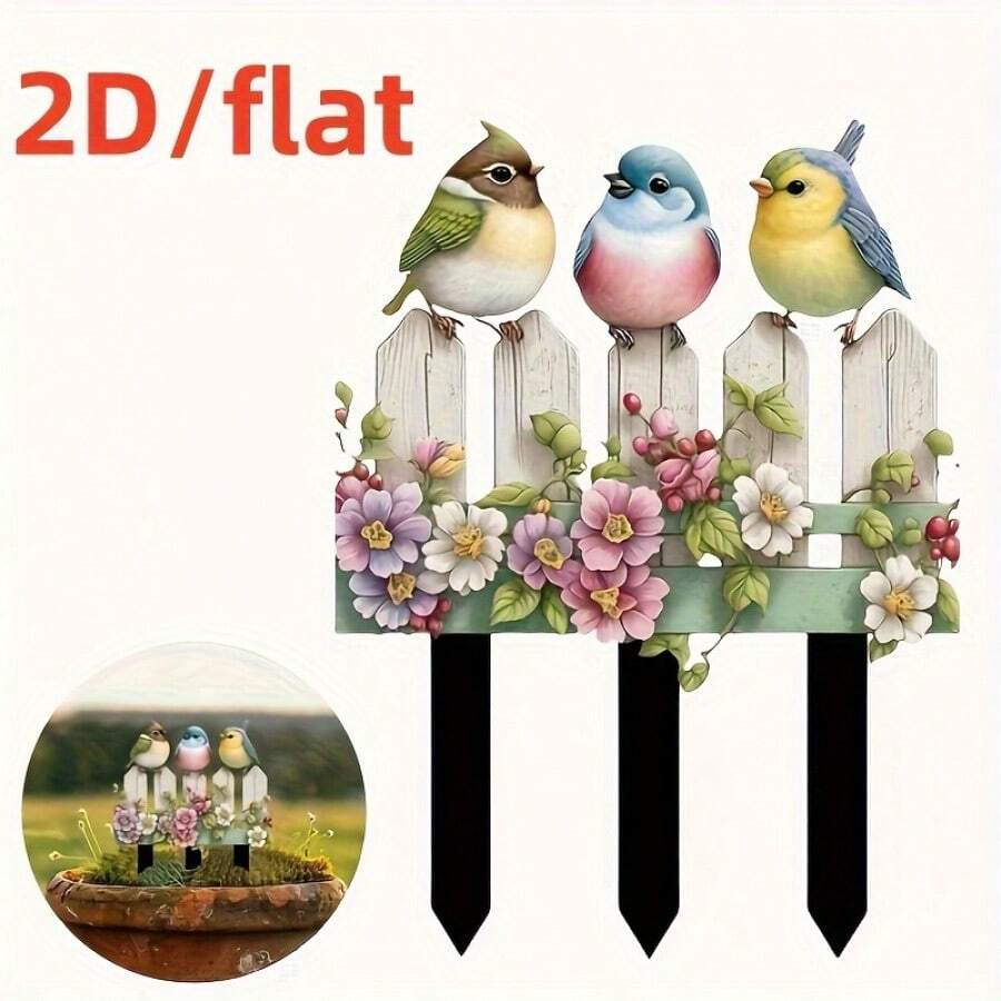 2D平面印刷波西米亚风格，三只鸟花园柱，亚克力标志，整体动物主题花园艺术，耐候耐刮户外花盆和花园展示标志