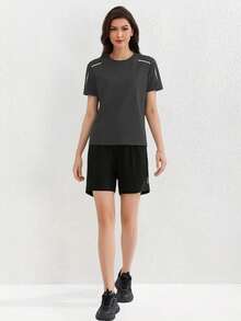 Women Sports Running Short Sleeve T-Shirt, Simple Stretchy Breathable, Suitable For Spring & Summer - Dark Grey - View 5