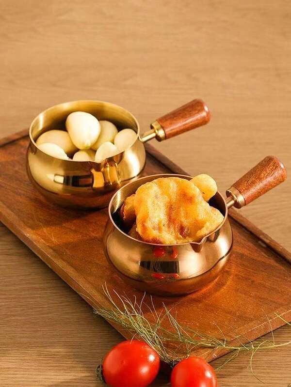 1pc 304 Stainless Steel 60ml Sauce Cup, Steak Dipping Sauce Bowl, Wooden Handle Salad Dip Dish