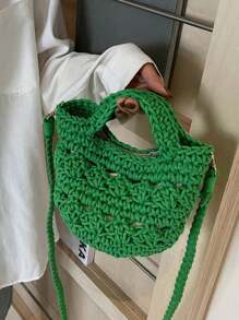 Bolso de playa de ganchillo de verano para mujer, bolso de playa pequeño, ligero, minibolso de hombro, bandolera, estilo preppy, bolso de cubo de hombro de mujer de algodón tejido hueco, bolso bandolera con estilo, para playa, vacaciones, verano, playa, vacaciones, bolsa de viaje