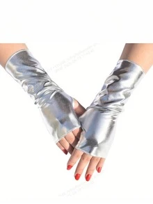 Pair Of Neutral Style Short Fingerless PU Leather Gloves In Bright Black Paint For Halloween Dress-Up, Punk Style Cosplay, Disco And Hip-Hop Dance Gloves, Party Dress-Up Cool And - Multicolor - View 7